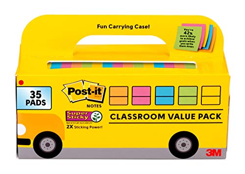 Post-it Super Sticky Notes, Classroom Value Pack, 35 Pads/Pack, 2X The Sticking Power, 3x3 in, Bright Colors (654-35SSBUS)