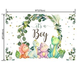 9x6ft It's a Boy Backdrop Baby Shower Cartoon Dinosaur Cactus and Eucalyptus Leaves Photography Background Kids Party Supplies Cake Table Decor Banner Photobooth Props Gift Favors