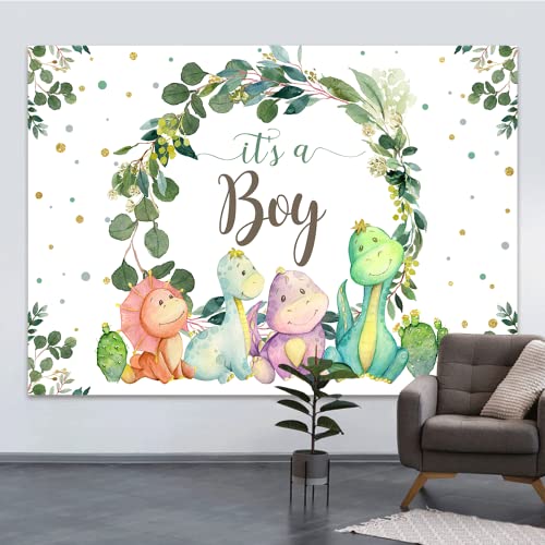 9x6ft It's a Boy Backdrop Baby Shower Cartoon Dinosaur Cactus and Eucalyptus Leaves Photography Background Kids Party Supplies Cake Table Decor Banner Photobooth Props Gift Favors