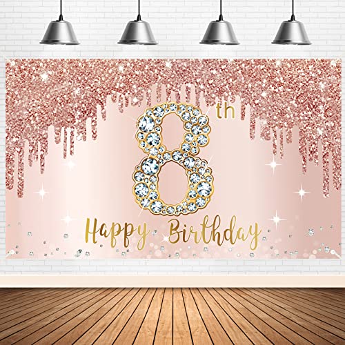 Happy 8th Birthday Banner Backdrop Decorations for Girls, Rose Gold 8 Birthday Party Sign Supplies, Pink Eight Year Old Birthday Poster Background Photo Booth Props Decor