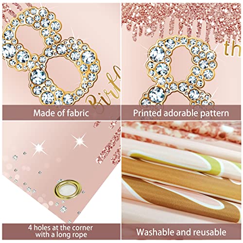 Happy 8th Birthday Banner Backdrop Decorations for Girls, Rose Gold 8 Birthday Party Sign Supplies, Pink Eight Year Old Birthday Poster Background Photo Booth Props Decor