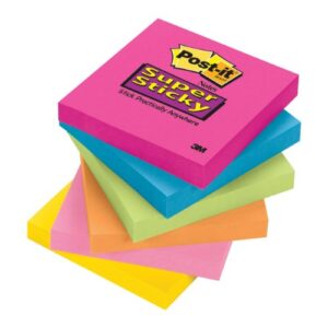 post-it super sticky notes, 3 in x 3 in, assorted bright colors, 6 pads, 90 sheets/pad (654-sspk)