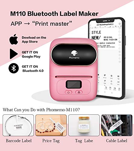 Phomemo M110 Label Maker- Portable Mini Bluetooth Thermal Label Printer Apply to Labeling, Office, Cable, Retail, Barcode and More, Compatible with Android & iOS System, with 1 40×30mm Label, Pink