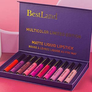 BestLand 10pcs/Set Matte Lipstick Lip Kit, Velvety Liquid Lipstick Waterproof Long Lasting Durable Nude Lip Gloss Beauty Cosmetics Gift Box Makeup Set Kit (10 Piece Set)