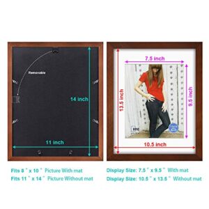 RPJC 11x14 Picture Frames Made of Solid Wood and High Definition Glass Display Pictures 8x10 with Mat or 11x14 Without Mat for Wall Mounting Brown