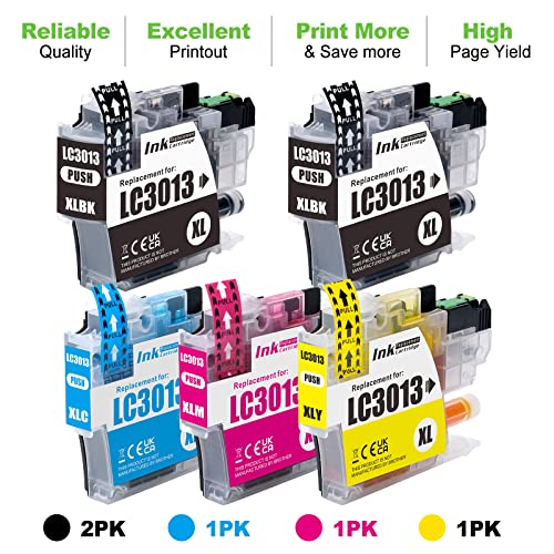 EXCERCUS 5 Pack Compatible Ink Cartridge Replacement for Brother LC3013 LC3011 LC-3013 High Yield Compatible with MFC-J491DW MFC-J497DW MFC-J895DW MFC-J690DW (2 Black,1 Cyan, 1 Magenta, 1 Yellow)
