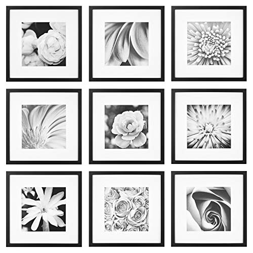 Gallery Perfect 9 Piece Black Square Photo Frame Gallery Wall Kit with Decorative Art Prints & Hanging Template