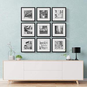 Gallery Perfect 9 Piece Black Square Photo Frame Gallery Wall Kit with Decorative Art Prints & Hanging Template