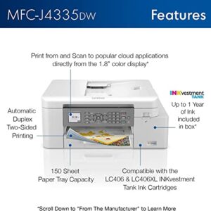 Brother MFC-J4335DW INKvestment Tank All-in-One Color Inkjet Printer, Print Scan Copy Fax, Auto Duplex Printing, Wireless Printing, 4800 x 1200 dpi, White, Bundle with Cefesfy Printer Cable