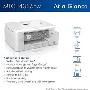 Brother MFC-J4335DW INKvestment Tank All-in-One Color Inkjet Printer, Print Scan Copy Fax, Auto Duplex Printing, Wireless Printing, 4800 x 1200 dpi, White, Bundle with Cefesfy Printer Cable