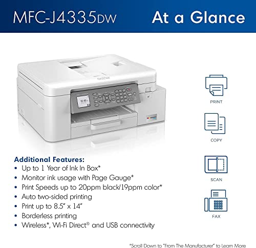 Brother MFC-J4335DW INKvestment Tank All-in-One Color Inkjet Printer, Print Scan Copy Fax, Auto Duplex Printing, Wireless Printing, 4800 x 1200 dpi, White, Bundle with Cefesfy Printer Cable