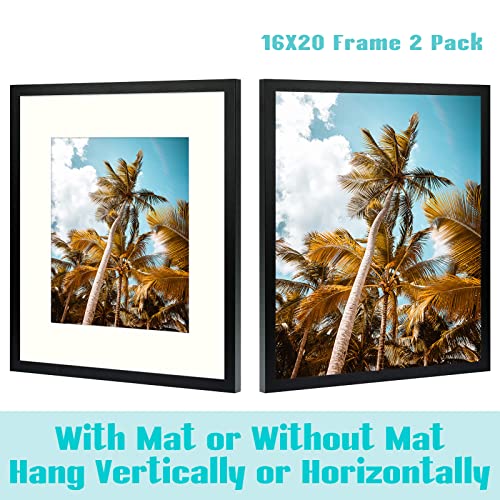 Frametory, 16x20 Picture Frame with Mat for 11x14 Picture- - High Definition Glass Wide Molding - Preinstalled Wall Mounting Hardware (Black, 1 Pack)