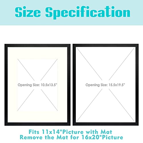 Frametory, 16x20 Picture Frame with Mat for 11x14 Picture- - High Definition Glass Wide Molding - Preinstalled Wall Mounting Hardware (Black, 1 Pack)