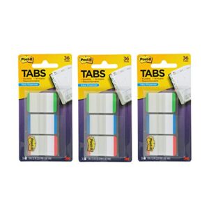post-it tabs with on-the-go dispenser, 1-inch lined, green, blue, and red, 12-tabs/color, 108 tabs/dispenser