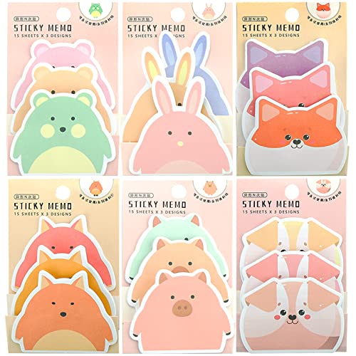 Molain Cute Sticky Notes, 6 Pack Cartoon Self-Stick Notes Cute Animal Memo Pads Cute Post it Notes Students Home Office Gifts Tab Supplies 270 Sheets