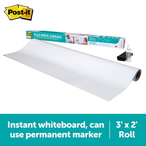 Post-it Flex Write Surface, Permanent Marker Wipes Away with Super-Hydrophilic Technology, 3 ft x 2 ft, White Dry Erase Whiteboard Film (FWS3X2)
