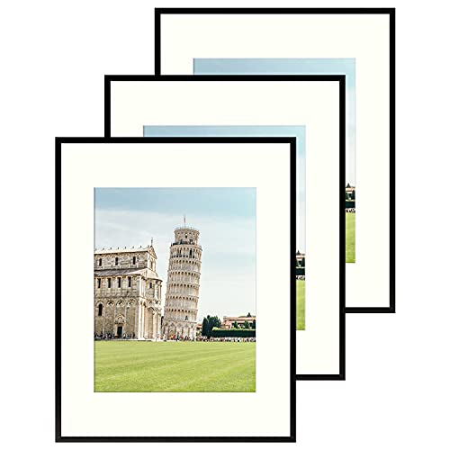 Golden State Art, 11x14 Aluminum Metal Frame with Ivory Mat for 8x10 Pictures, Includes with Sawtooth Hangers and Spring Clips - Wall Mounting - Real Glass (Black, 3 Pack)