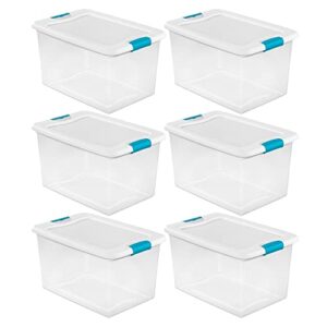 sterilite 64 quart clear plastic stackable storage container bin box tote with white latching lid organizing solution for home & classroom, 6 pack
