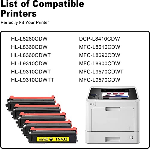 5PK TN-433 Toner Cartridge Set (2BK+1C+1M+1Y) TN433BK TN433C TN433M TN433Y High Yield Toner Cartridge : VASERIN Compatible Replacement for Brother TN433 Toner HL-L8260CDW L8360CDW L8360CDWT Printer