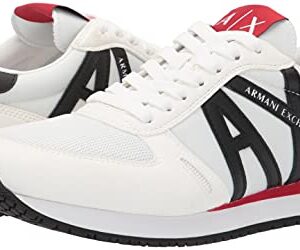 A|X Armani Exchange Men's Lace Up Logo Sneaker, Optical White + Black, 11