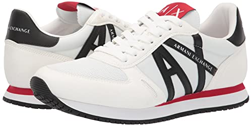 A|X Armani Exchange Men's Lace Up Logo Sneaker, Optical White + Black, 11