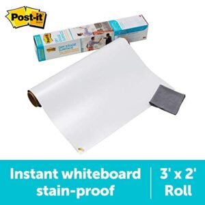 Post-it Dry Erase Whiteboard Film Surface for Walls, Doors, Tables, Chalkboards, Whiteboards, and More, Removable, Stain-Proof, Easy Installation, 3 ft x 2 ft Roll , White, 3 x 2 Feet (DEF3x2)