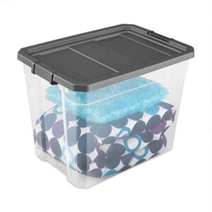 Sterilite 108 Qt. Clear Stacker Modular Storage Container Tote Box with Recessed Latching Lid for Household Organization & Management, Grey, (4 Pack)