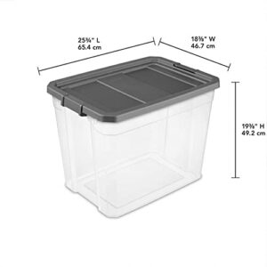 Sterilite 108 Qt. Clear Stacker Modular Storage Container Tote Box with Recessed Latching Lid for Household Organization & Management, Grey, (4 Pack)