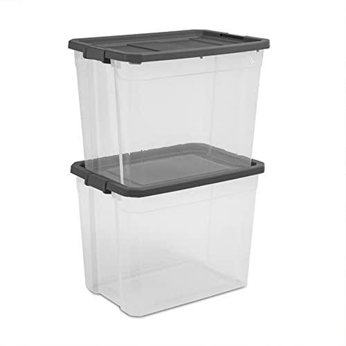 Sterilite 108 Qt. Clear Stacker Modular Storage Container Tote Box with Recessed Latching Lid for Household Organization & Management, Grey, (4 Pack)