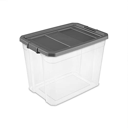 Sterilite 108 Qt. Clear Stacker Modular Storage Container Tote Box with Recessed Latching Lid for Household Organization & Management, Grey, (4 Pack)