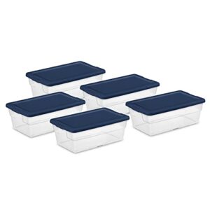 sterilite stackable 6 quart clear home storage box with handles and blue lid for efficient, space saving household storage and organization, 5 pack