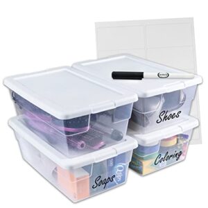Peaknip - Sterilite 6 Quart Stackable Lightweight Plastic Storage Bins with Lids for Organization (4 Pack) - Container Organizer for Toys, Home, and Office (Bundle) Labels and Marker