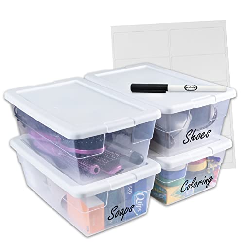 Peaknip - Sterilite 6 Quart Stackable Lightweight Plastic Storage Bins with Lids for Organization (4 Pack) - Container Organizer for Toys, Home, and Office (Bundle) Labels and Marker