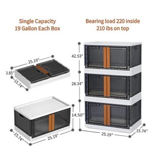 Storage Bins with Lids - Collapsible Storage Bins, Clear Black Wardrobe Closet Organizer, 19Gal Stackable Toy Storage, Foldable Plastic Storage Container with Door, Crate for Book Storage (3 Pack)