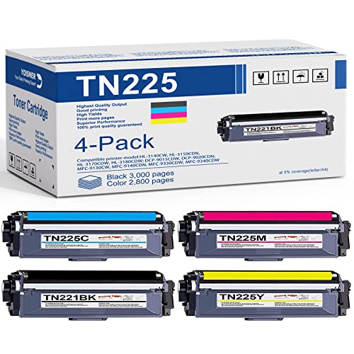 TN221 TN225 Toner Cartridges: Compatible for TN-221BK TN-225C/M/Y Replacement for Brother MFC-9130CW HL-3140CW HL-3170CDW HL-3180CDW MFC-9330CDW MFC-9340CDW Printer (4 Pack)