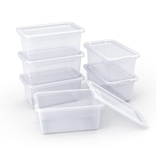 GAMENOTE Plastic Storage Bins with Lids - 5 Qt, 6 Pack Clear Small Stackable Cubby Storage Organizer Containers for Organizing (11.7 × 7.1 × 5.1 inches)