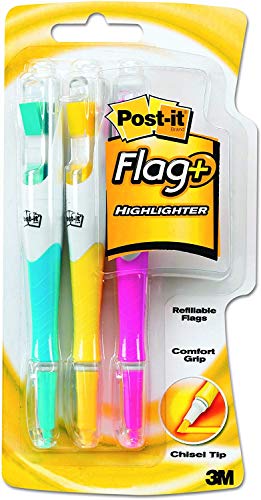 Post-it 70071178217 Flag+ Highlighter, Yellow, Pink, and Blue, 50-Color Coordinated Flags/Highlighter, 3-Pack Limited Edition