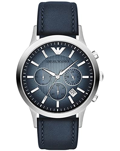 Emporio Armani Classic Chronograph Blue Dial Leather Strap Mens Watch AR2473