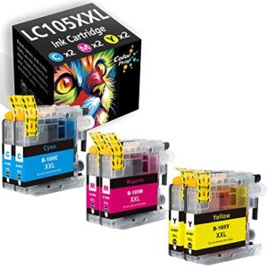 colorprint compatible lc105 ink cartridge replacement for brother lc105 lc105c lc105m lc105y lc107 used for mfc-4610dw mfc-j4710dw mfc-j4310dw mfc-j4410dw mfc-j4510dw printer (6-pack, 2c, 2m, 2y)