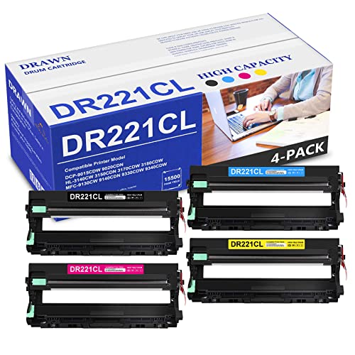 DR221CL High Yield Drum Unit : 4-Pack(1BK/1C/1M/1Y) Drwn Compatible DR-221CL Drum Cartridge Replacement for Brother DCP-9020CDN HL-3140CW 3170CDW MFC-9130CW 9330CDW Printer, DR221CL