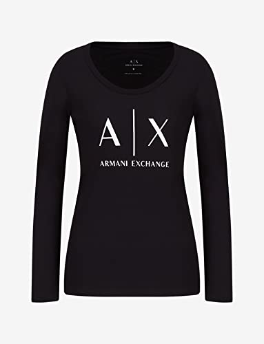 A|X ARMANI EXCHANGE womens Basic Scoop Neck Long Sleeved Tee With Logo on Chest T Shirt, Black, Large US