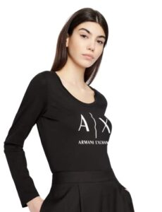 a|x armani exchange womens basic scoop neck long sleeved tee with logo on chest t shirt, black, large us