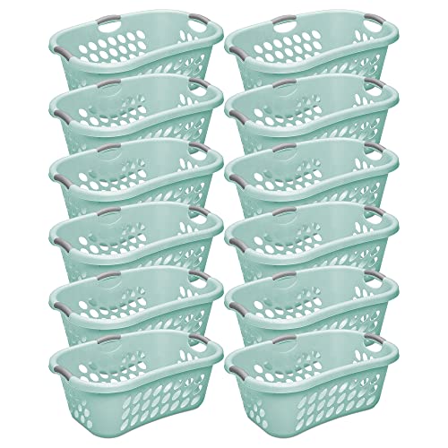 Sterilite Ultra HipHold 1.25 Bushel Plastic Stackable Clothes Laundry Basket Bin with Reinforced Rim and Ventilation Holes, Aqua Blue (12 Pack)