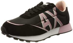 a|x armani exchange women’s contrasting lettering logo lace up sneaker with suede detailing, black+rose, 6