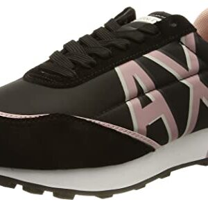 A|X Armani Exchange Women's Contrasting Lettering Logo Lace Up Sneaker with Suede Detailing, Black+Rose, 6