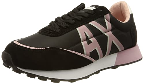 A|X Armani Exchange Women's Contrasting Lettering Logo Lace Up Sneaker with Suede Detailing, Black+Rose, 6