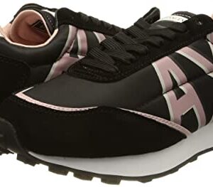 A|X Armani Exchange Women's Contrasting Lettering Logo Lace Up Sneaker with Suede Detailing, Black+Rose, 6