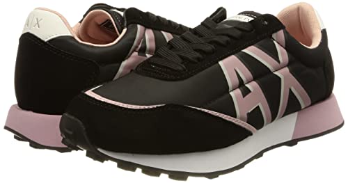 A|X Armani Exchange Women's Contrasting Lettering Logo Lace Up Sneaker with Suede Detailing, Black+Rose, 6