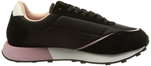 A|X Armani Exchange Women's Contrasting Lettering Logo Lace Up Sneaker with Suede Detailing, Black+Rose, 6