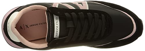 A|X Armani Exchange Women's Contrasting Lettering Logo Lace Up Sneaker with Suede Detailing, Black+Rose, 6